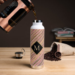 Eleganter Gold Glitzer Monogram Stripes Black Trinkflasche