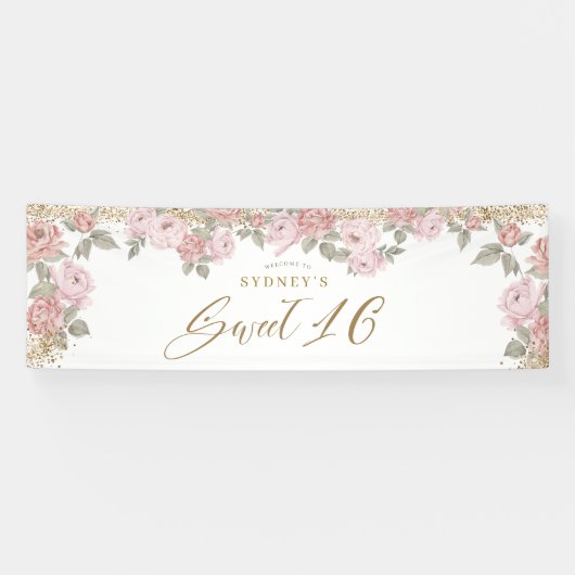 Eleganter Gold Glitzer Peony Floral Sweet 16 Willk Banner (Horizontal)