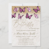 Eleganter Gold Glitzer Pink Butterfly Babydusche Einladung (Vorderseite)