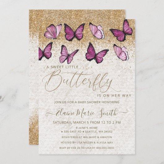 Eleganter Gold Glitzer Pink Butterfly Babydusche Einladung (Vorne/Hinten)