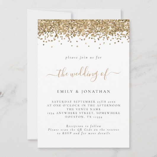 Eleganter Gold Glitzer QR Code Hochzeit Einladung (Vorderseite)