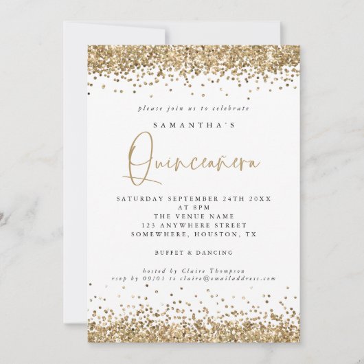 Eleganter Gold Glitzer Quinceañera 15. Party Einladung (Vorderseite)