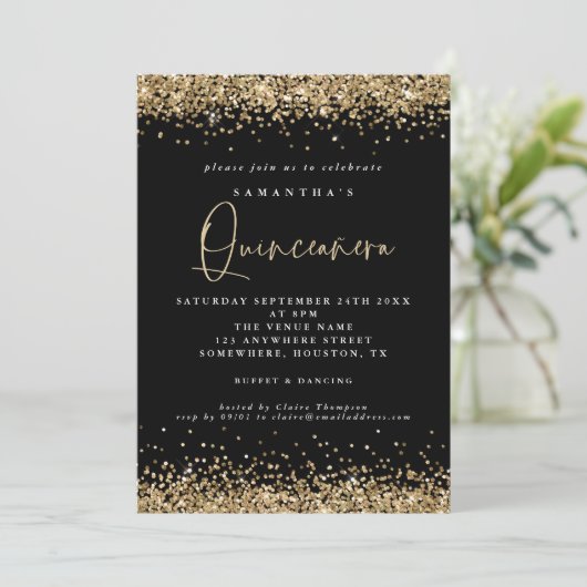 Eleganter Gold Glitzer Quinceañera 15. Party Schwa Einladung (Stehend Vorderseite)