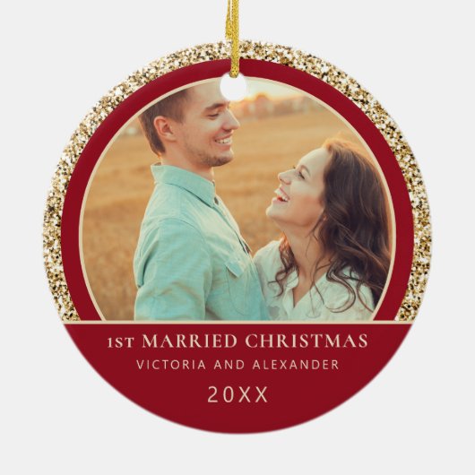 Eleganter Gold Glitzer Roter 1. Verheirateter Weih Keramik Ornament (Hinten)