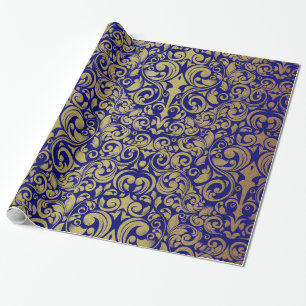 Eleganter Gold Glitzer Royal Blue Damask Geschenkpapier