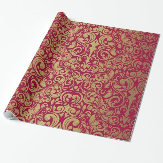 Eleganter Gold Glitzer Royal Red Damask Geschenkpapier (Ungerollt)