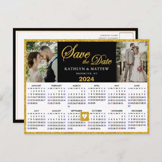 Eleganter Gold Glitzer Script 2 Foto Save the Date Ankündigungspostkarte (Vorne/Hinten)