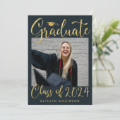 Eleganter Gold Glitzer Script Chic Blue Foto GRAD Ankündigung (Stehend Vorderseite)