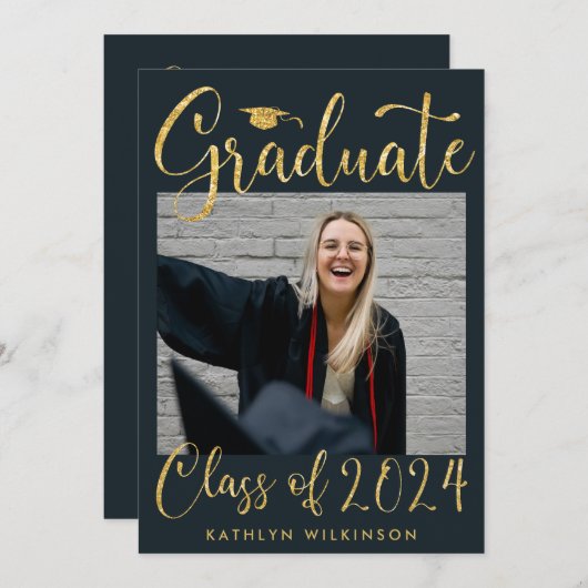 Eleganter Gold Glitzer Script Chic Blue Foto GRAD Ankündigung (Vorne/Hinten)