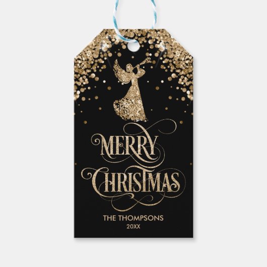 Eleganter Gold Glitzer Trumpet Angel Frohe Weihnac Geschenkanhänger (Vorderseite)