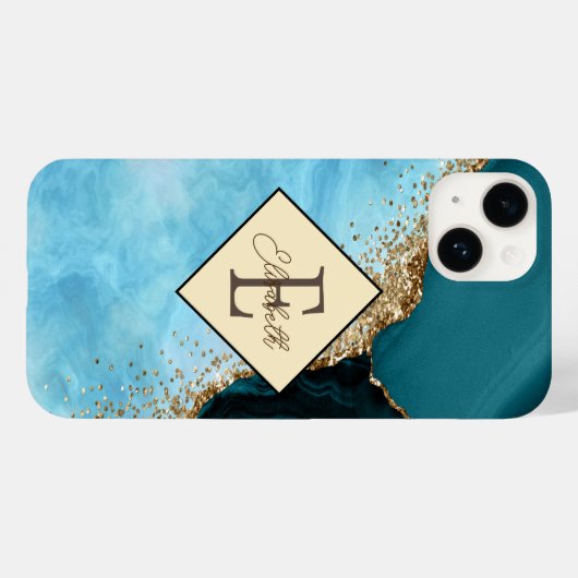 Eleganter Gold Glitzer Türkis Marmormonogramm Case-Mate iPhone Hülle (Rückseite (Horizontal))