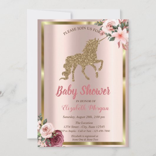 Eleganter Gold Glitzer Unicorn Blume Kinderdusche Einladung (Vorderseite)