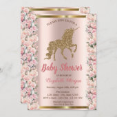 Eleganter Gold Glitzer Unicorn Rose Kinderdusche Einladung (Vorne/Hinten)