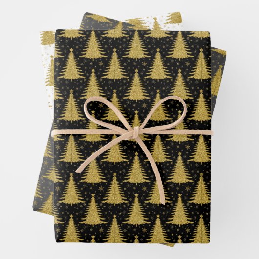Eleganter Gold Glitzer Weihnachtsbaum Muster Geschenkpapier Set (Beispiel)