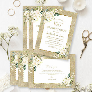 Eleganter Gold Glitzer Weiße Blume 100. Geburtstag Einladung