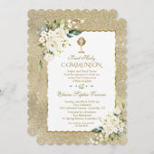 Eleganter Gold Glitzer Weiße Blüte Erste Kommune Einladung (Vorne/Hinten)