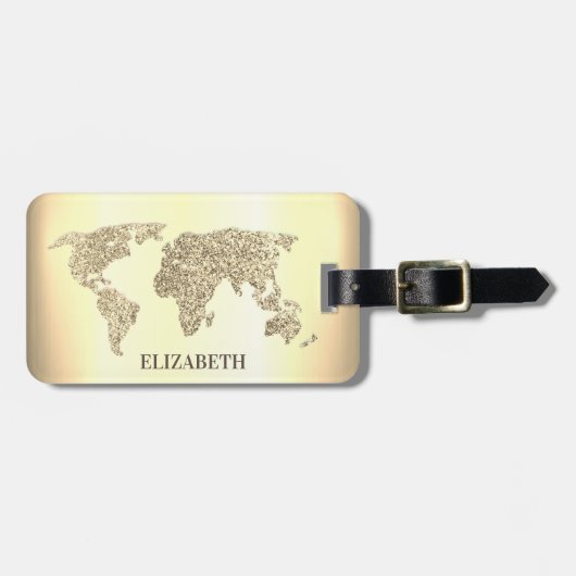 Eleganter Gold Glitzer World Map Travel Gepäckanhänger (Vorderseite horizontal)