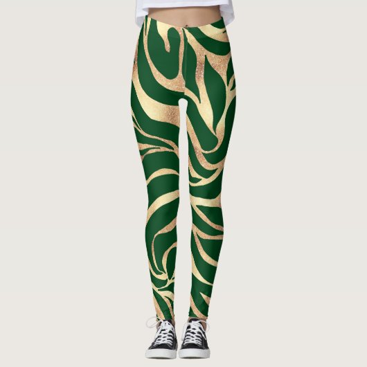 Eleganter Gold Glitzer Zebra Green Animal Print Leggings (Vorderseite)