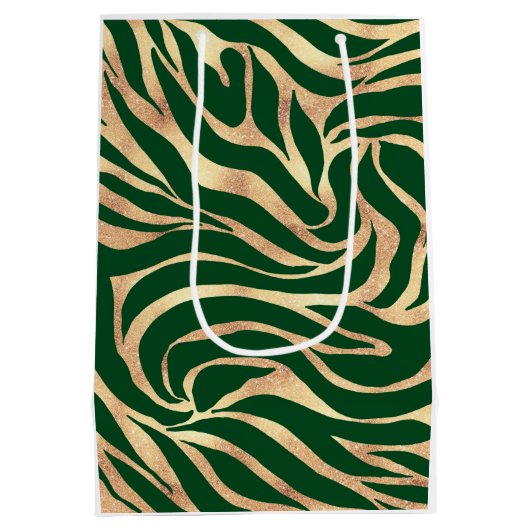 Eleganter Gold Glitzer Zebra Green Animal Print Mittlere Geschenktüte (Rückseite)