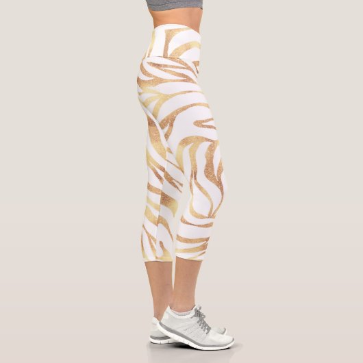 Eleganter Gold Glitzer Zebra White Animal Print Capri Leggings (Rechts)