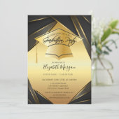 Eleganter Gold Grad Cap Black Gold Abschluss Einladung (Stehend Vorderseite)
