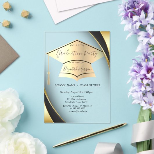 Eleganter Gold Graduation Cap Frame Black Abschlus Acryleinladungen (In Situ (Hochzeit))