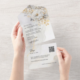 Eleganter Gold Gray Gold Floral Wash QR Code Weddi All In One Einladung