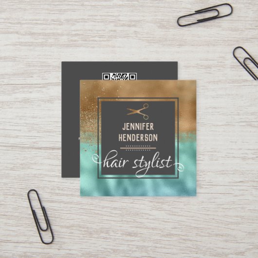 Eleganter Gold Hair Stylist Square  Quadratische Visitenkarte (Vorderseite/Rückseite Beispiel)