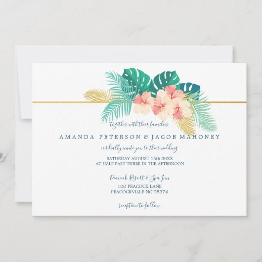 Eleganter Gold Hawaiian Hibiskus Hochzeitseinladun Einladung (Vorderseite)