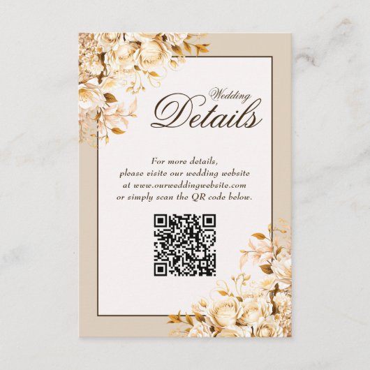 Eleganter Gold Ivory Floral Wedding QR Code Detail Begleitkarte (Vorderseite)