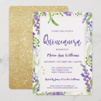 Eleganter Gold Lavender Floral Glitzer Quinceanera Einladung