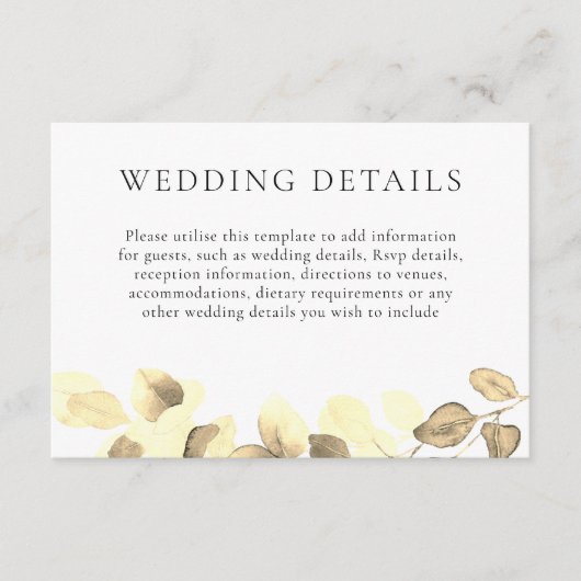 Eleganter Gold Leaf Wedding Details Empfang Begleitkarte (Vorderseite)