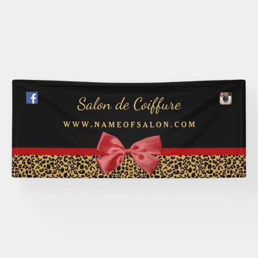 Eleganter Gold Leopard Print Red Bow Hair Salon 2, Banner (Horizontal)