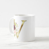 Eleganter Gold Letter V Blush Bloral Monogram-Kaff Kaffeetasse (Vorderseite Links)