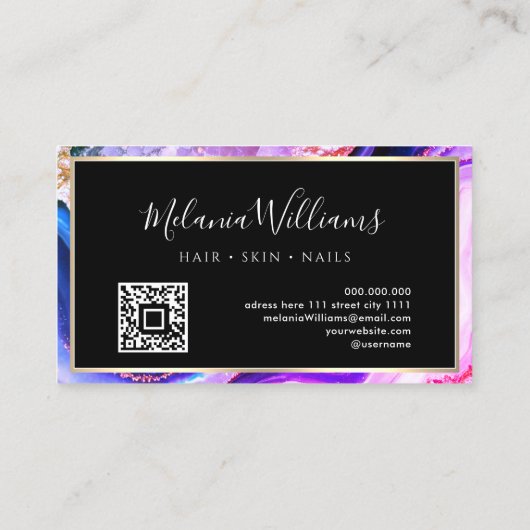 Eleganter Gold Lila Marble Agate Geode QR Code Visitenkarte (Rückseite)