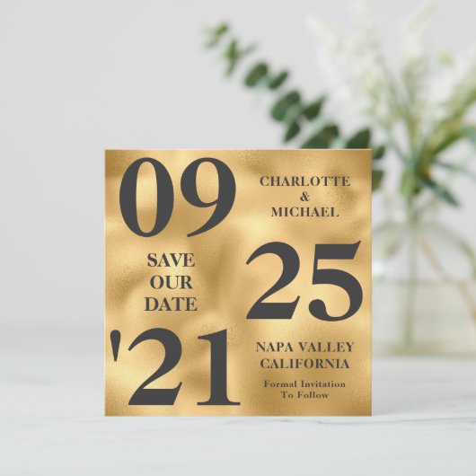 Eleganter Gold-Metallic-Shimmer Save the Date mode Einladung (Stehend Vorderseite)