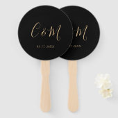 Eleganter Gold Monogram Black Wedding Hand Fan Fächer (Vorne und Hinten)