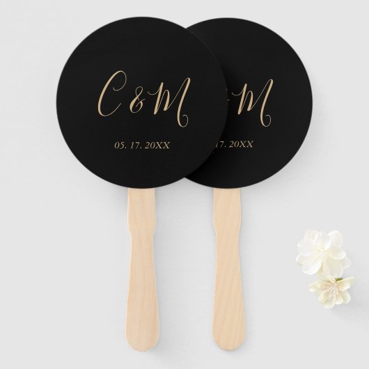 Eleganter Gold Monogram Black Wedding Hand Fan Fächer (Vorne und Hinten)