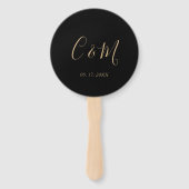 Eleganter Gold Monogram Black Wedding Hand Fan Fächer (Vorderseite)