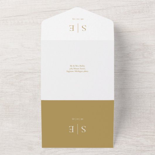 Eleganter Gold Monogram QR Code Hochzeit All In One Einladung (Außenbereich)