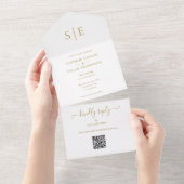 Eleganter Gold Monogram QR Code Hochzeit All In One Einladung (Abreißen)