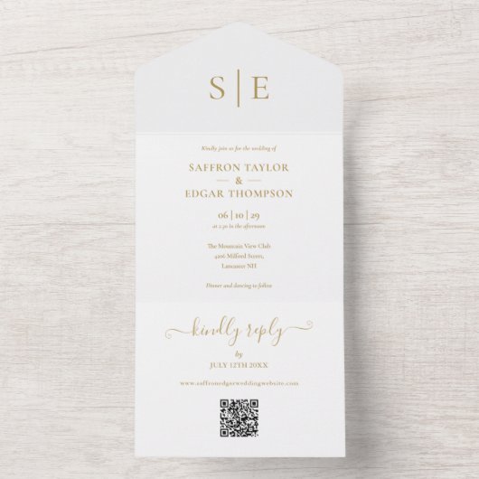Eleganter Gold Monogram QR Code Hochzeit All In One Einladung (Innen Boden)
