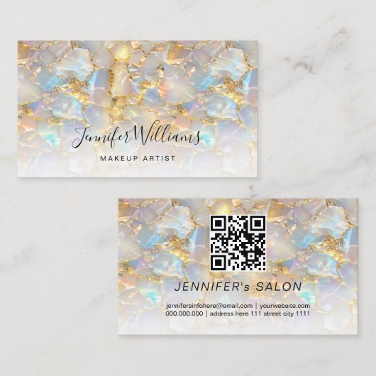 Eleganter Gold Opal Stone QR Code Salon Visitenkarte (Vorne/Hinten)