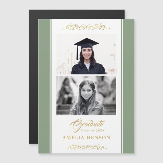 Eleganter Gold Ornament Abschluss 2 Foto Magnetic Magneteinladung (Vorne/Hinten)