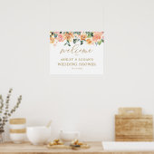 Eleganter Gold Peach Floral Polterabend Willkommen Poster (Küche)