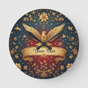 Eleganter Gold-Phönix-Rahmen mit floralen Motiven Runde Wanduhr