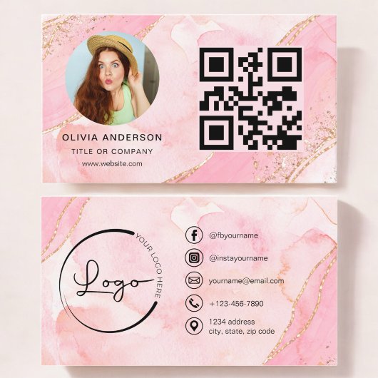 Eleganter Gold Pink Glitzer QR Code Modernes Foto Visitenkarte