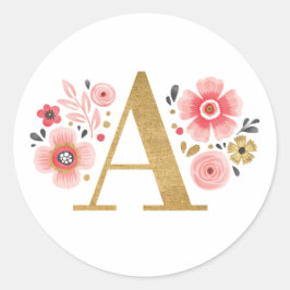 Eleganter Gold Pink Monogram Floral Letter A Class Runder Aufkleber