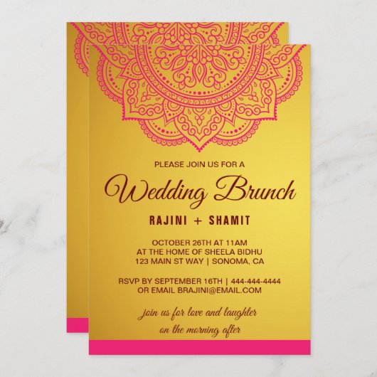 Eleganter Gold Pink Red Paisley Wedding Brunch Inv Einladung (Vorne/Hinten)