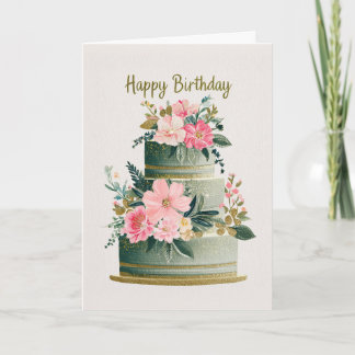 Eleganter Gold-, Rosa- und Grün-Blumen-Geburtstags Karte